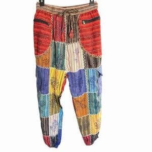 Rising International Large Patchwork Cargo Jogger Pants Pull-On Boho Festival